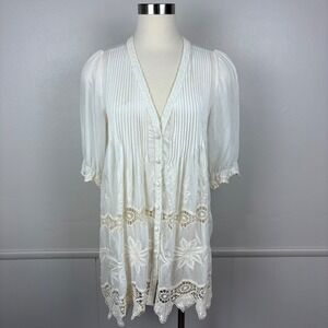 FLAWED Hazel Button Up Tunic Cream Size S Embroidered Pintuck Crochet Boho Flowy